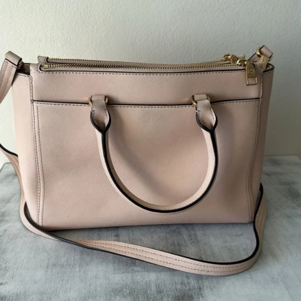 Tory Burch Double Zip Saffiano Leather Pink Tote Handbag Cossbody